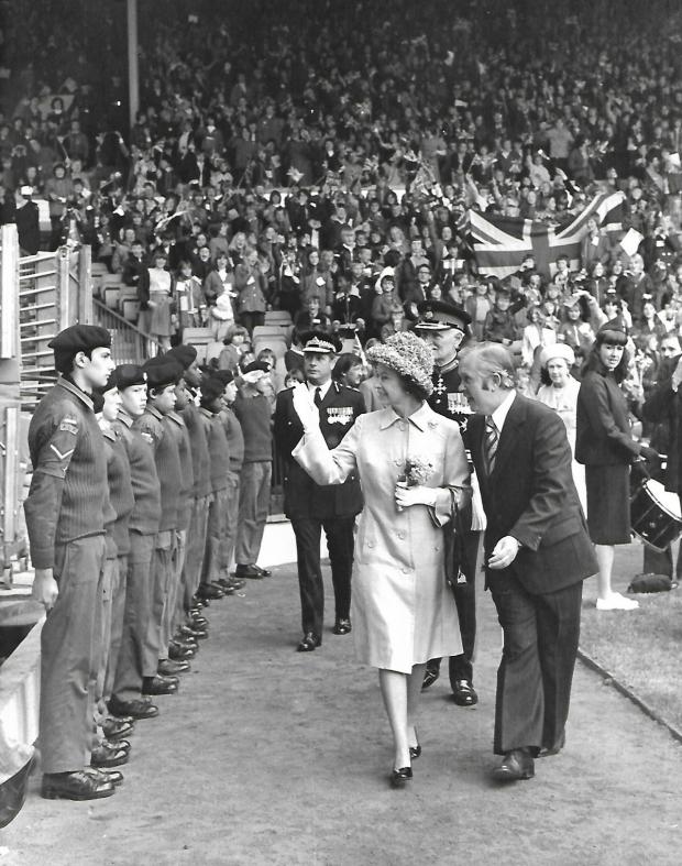 Bradford Telegraph and Argus: The Queen at Elland Road as part of her 1977 Silver Jubilee tour. Hundreds of Bradford schoolchildren attended